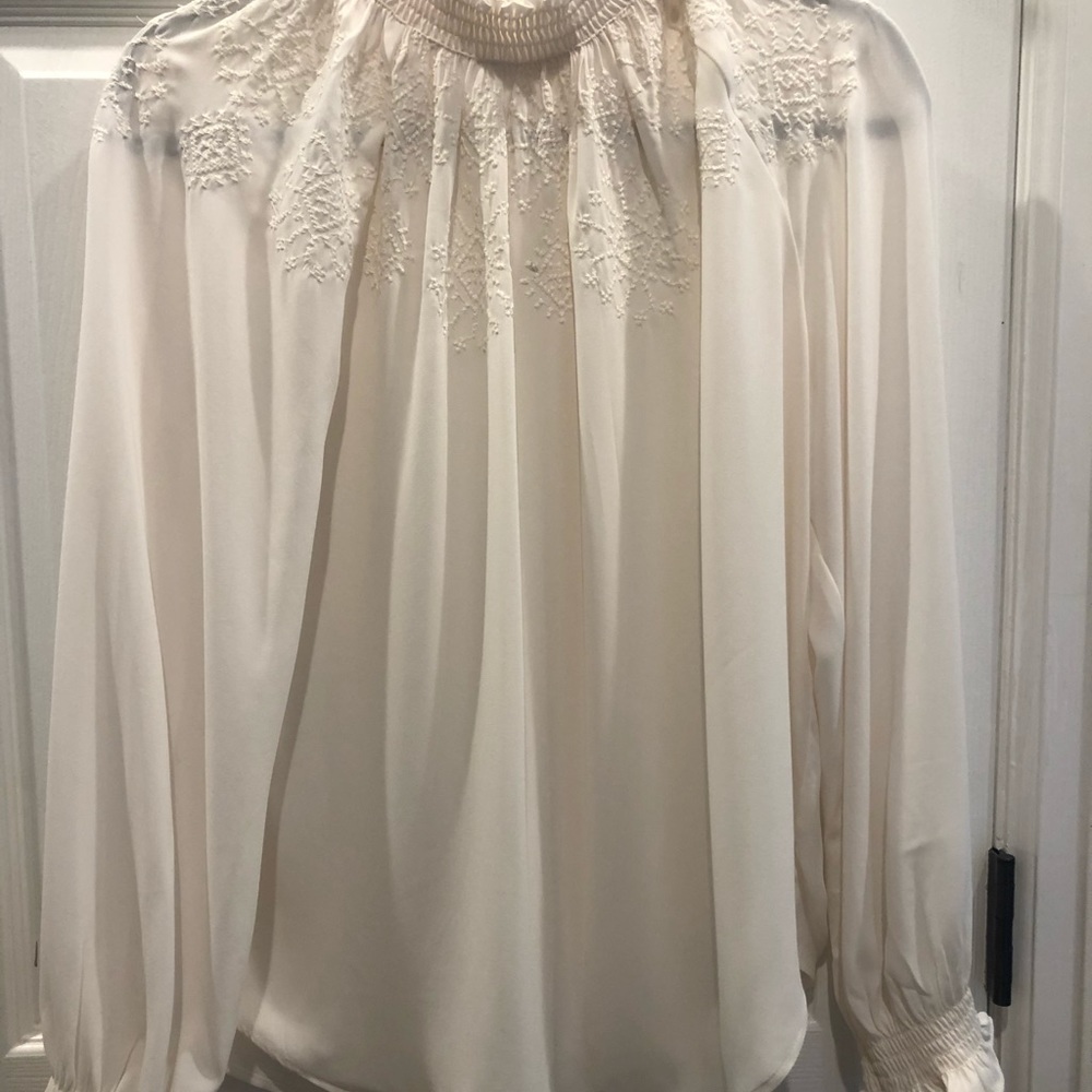 Cream silky long sleeve mock turtle LOFT blouse